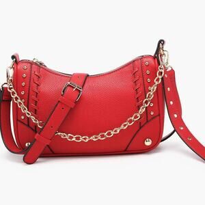 Artemis Paneled Crossbody with Stud Details and Chain Strap Cherry Red